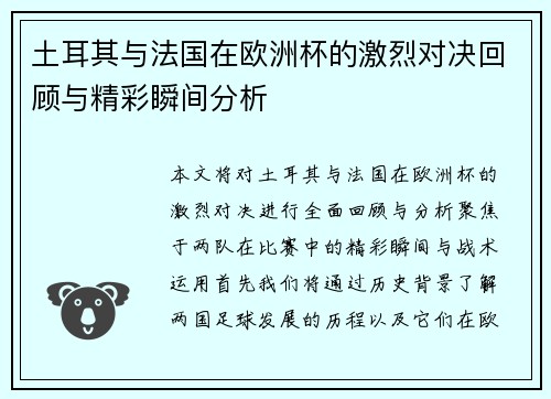 土耳其与法国在欧洲杯的激烈对决回顾与精彩瞬间分析